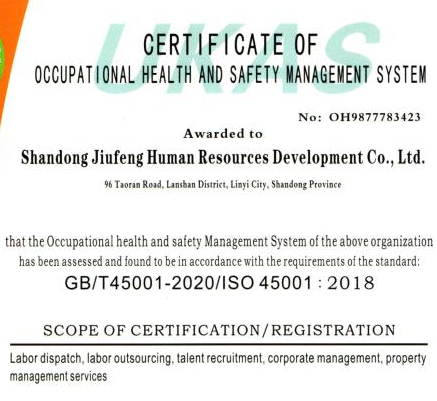 ISO45001职业健康安全管理体系认证证书英文版